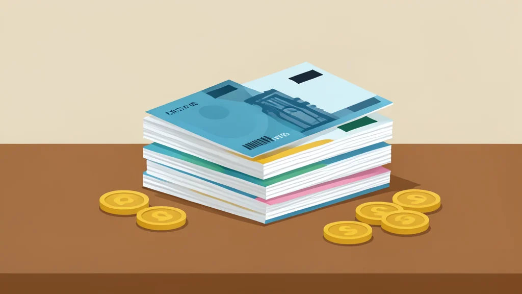 A stack of various foreign banknotes and coins arranged on a wooden desk