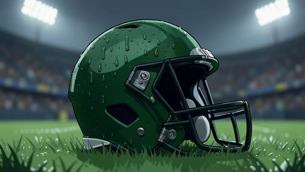 A green football field with white yard lines and a brown leather football resting on the grass