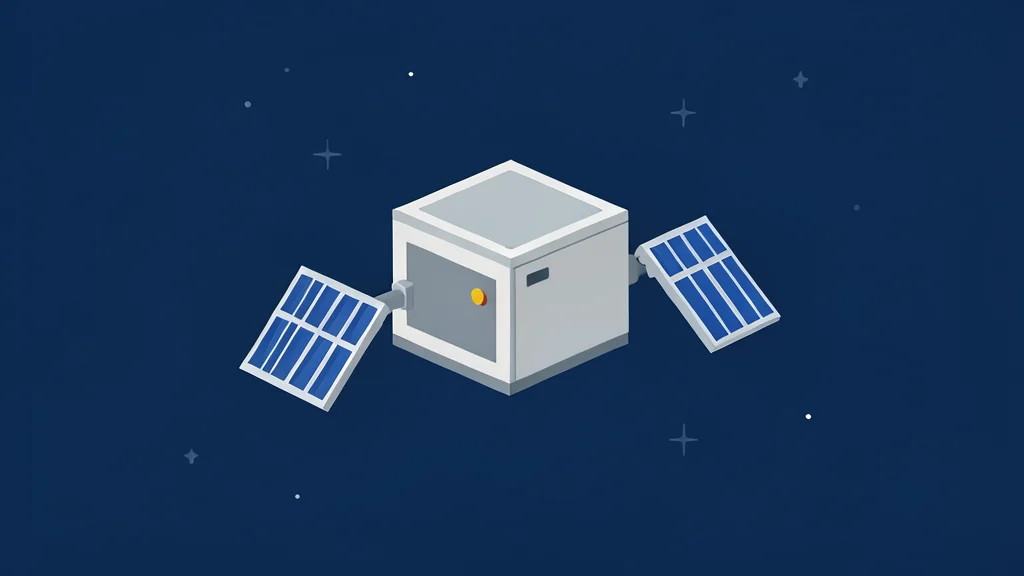 A small, box-shaped satellite with solar panels extending from its sides, floating against a dark blue background with faint stars.