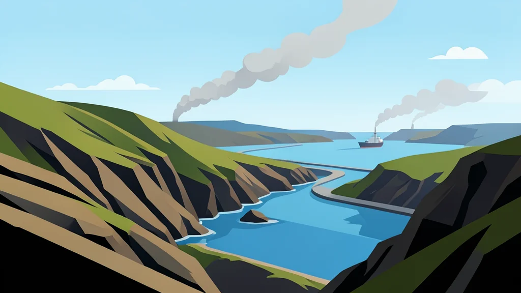 A rugged coastal landscape with a shipping channel and distant smoke rising from the horizon.