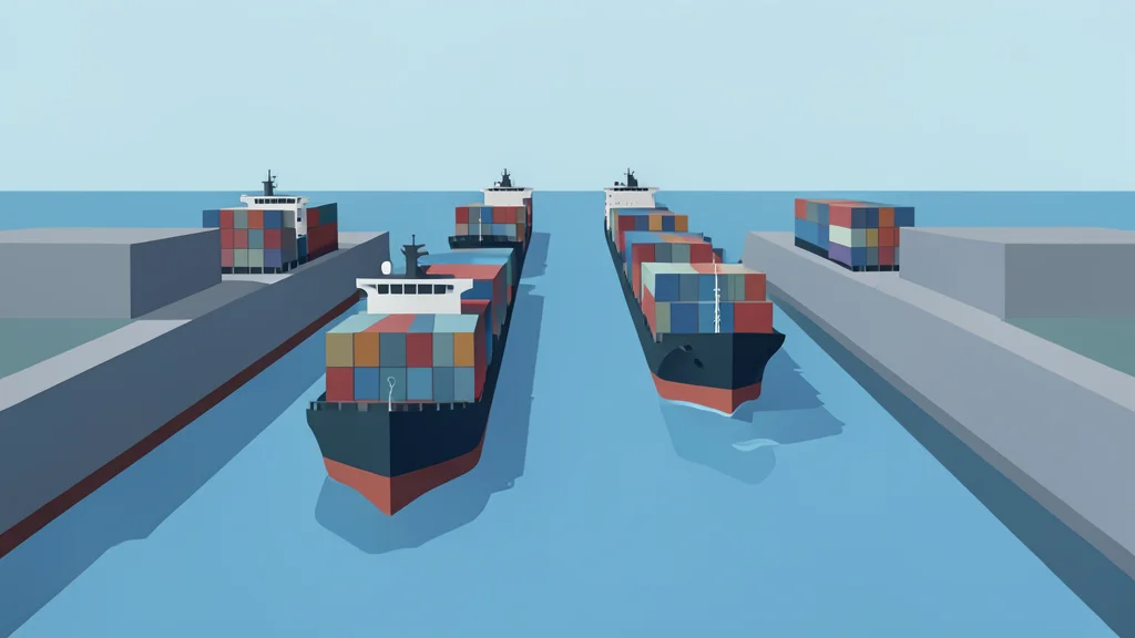 A wide view of a busy shipping channel with large container vessels moving through narrow waters