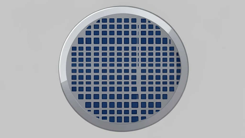 A close-up view of a silicon wafer with a grid of square integrated circuits