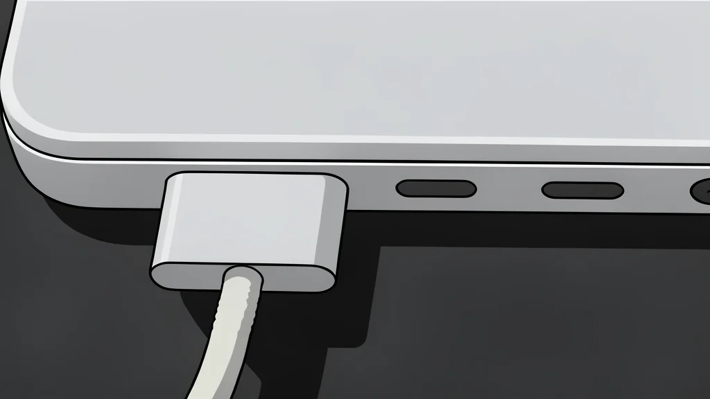 A magnetic charging cable with a circular connector head resting on a wooden desk next to a silver laptop
