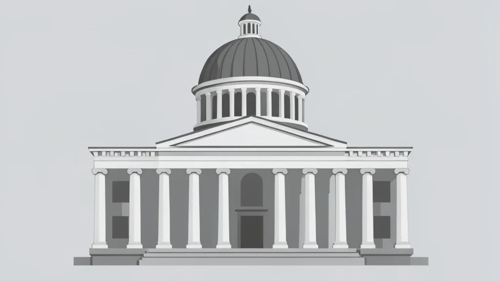 A classical bank facade with a dome and columns under a clear sky