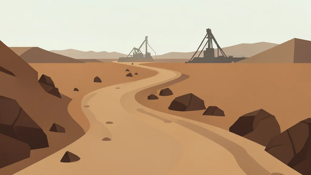 A rugged, unpaved haul road winding through a dry, rocky landscape with distant mining infrastructure