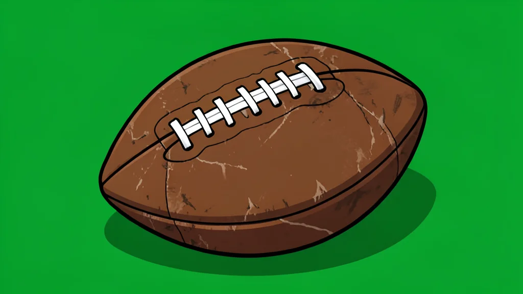 A worn brown leather football resting on green artificial turf