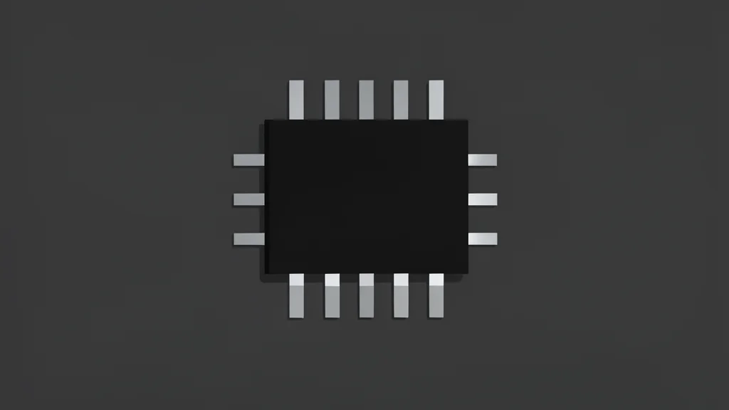 A close-up of a small, black rectangular computer chip with metallic pins, resting on a dark surface.
