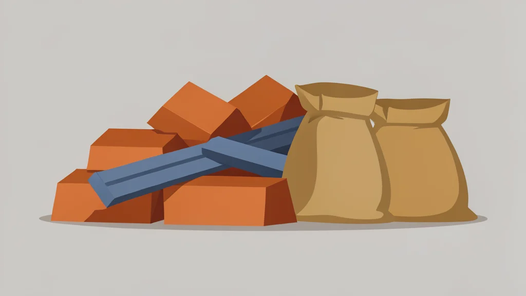 A flat vector illustration of stacked copper ingots, steel beams, and grain sacks.