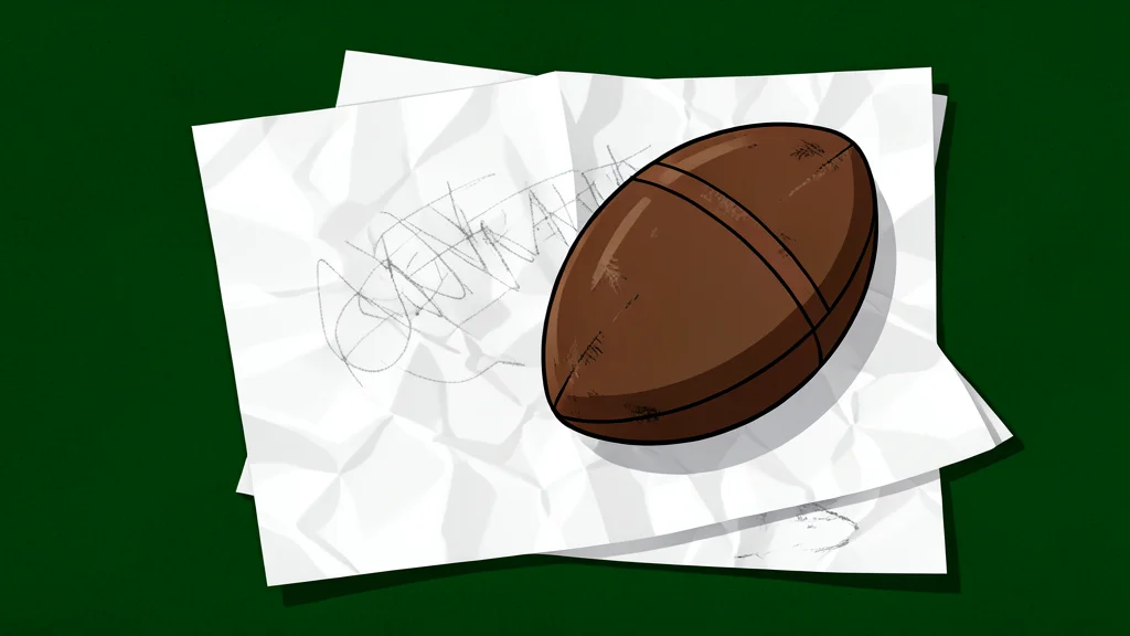 A green and gold football resting on a patch of artificial turf