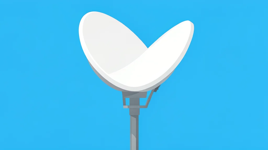 A large white parabolic satellite dish mounted on a metal pole against a clear blue sky