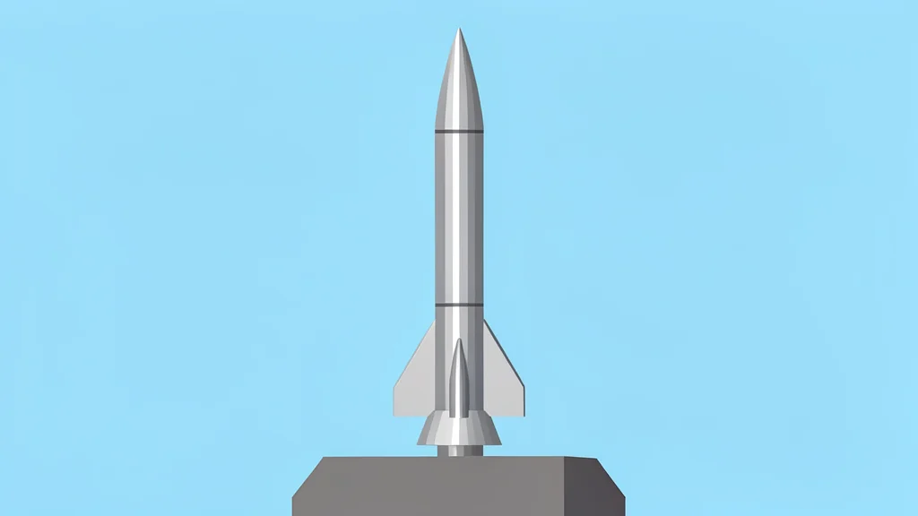 A large, metallic rocket booster standing vertically on a launch pad against a clear sky