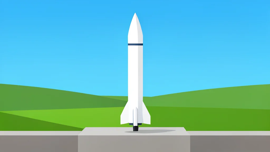 A slender white rocket standing vertically on a concrete pad in a rural landscape.