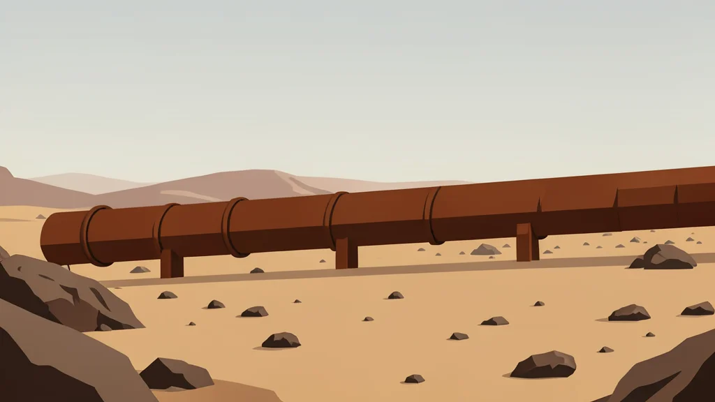A long, rusted steel pipeline stretching across a dry, rocky desert landscape under a hazy sky