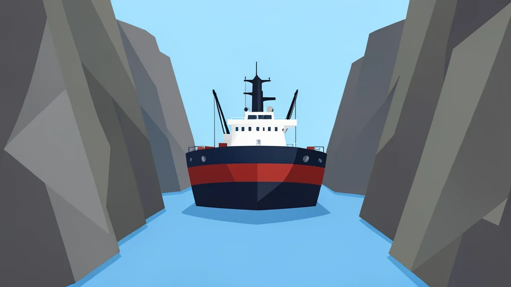 A large oil tanker ship navigating through a narrow, rocky strait.