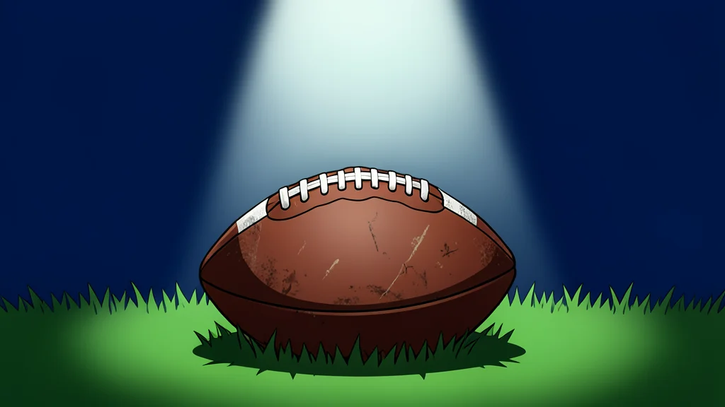 A vast, empty football stadium with lush green grass and white lines under bright, glowing lights.