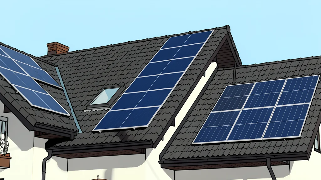 A row of dark blue photovoltaic panels mounted on a sloped residential roof under a clear sky
