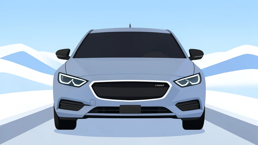 A close-up of a car's front grille and headlights parked on a snow-covered road