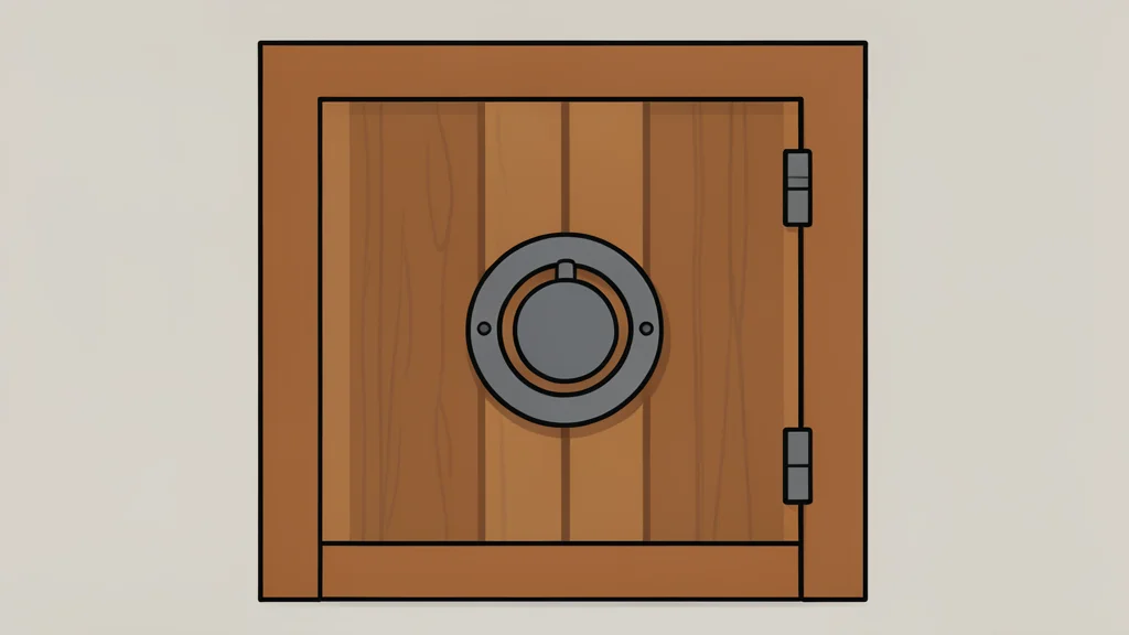 A traditional Japanese wooden bank vault door with a heavy circular locking mechanism