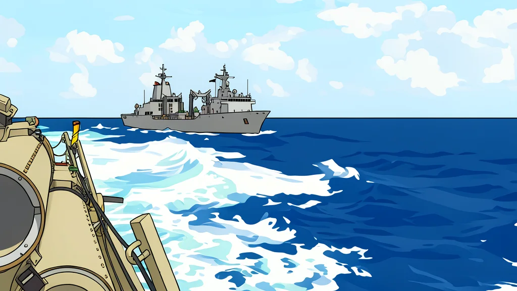 Two large naval vessels sailing side-by-side on the open ocean