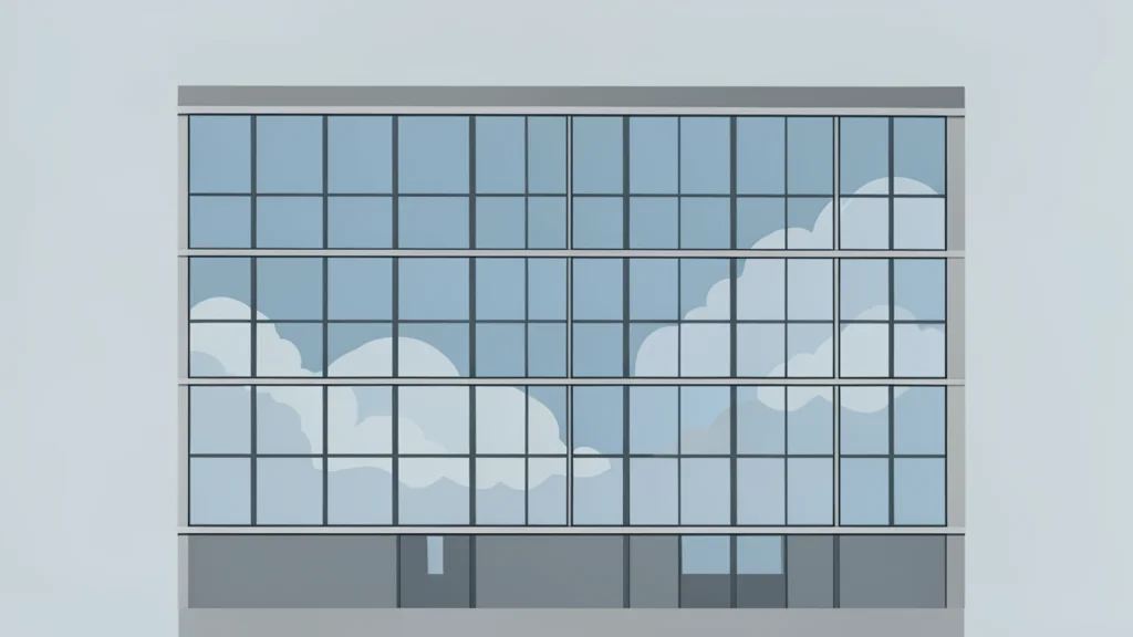 A modern glass office building facade reflecting a cloudy sky