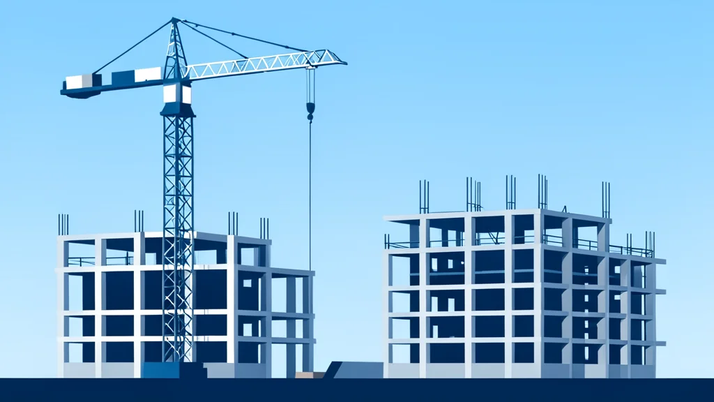 A construction site with cranes and unfinished concrete structures