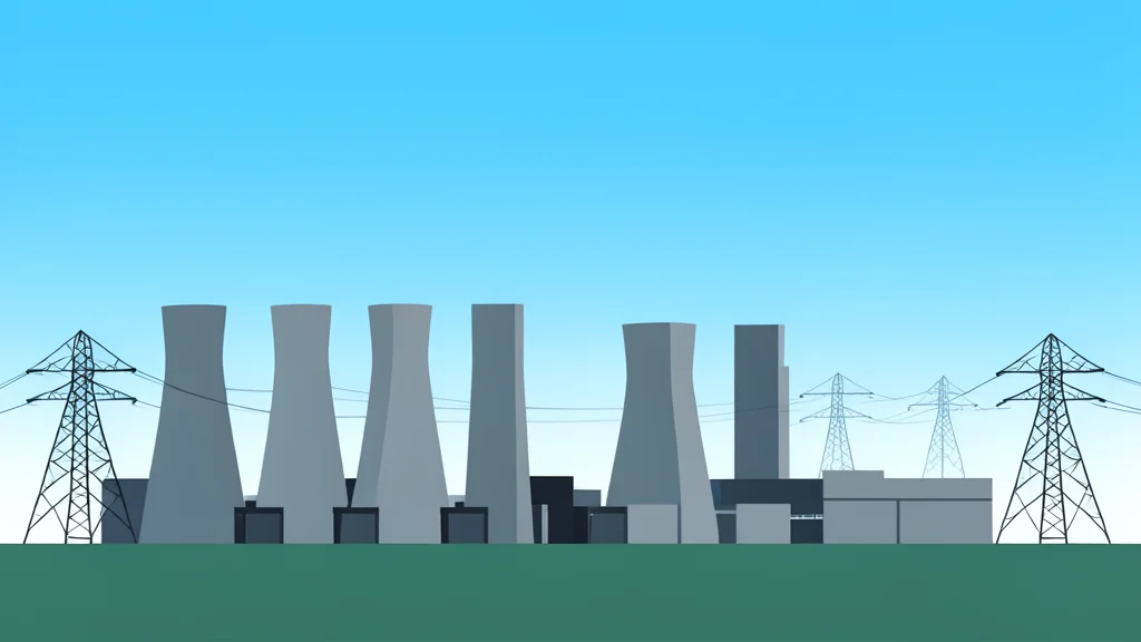 A vast, modern industrial facility with rows of cooling towers and high-voltage power lines stretching into the distance under a clear sky.