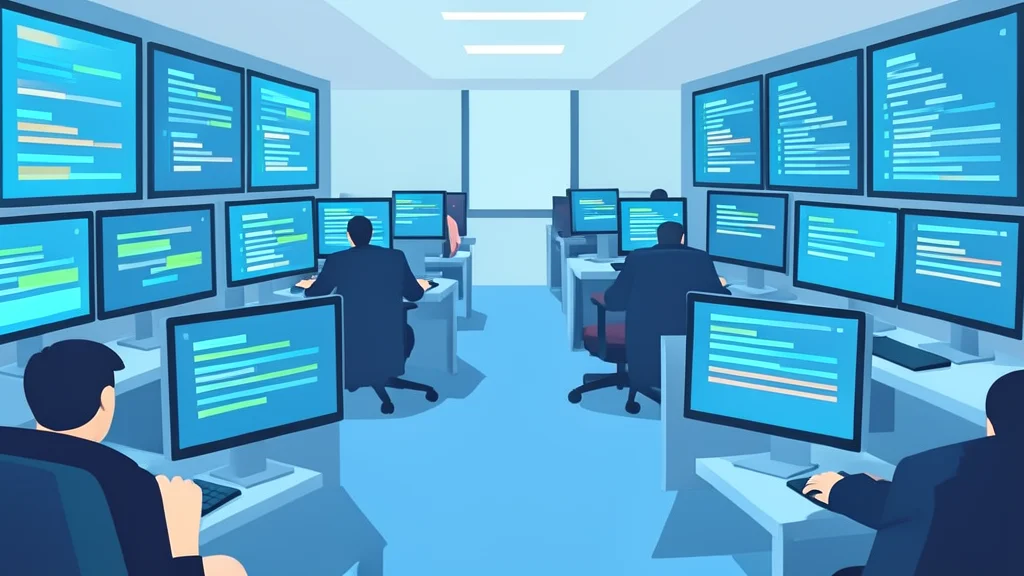 A stylized trading floor with rows of monitors displaying abstract data streams