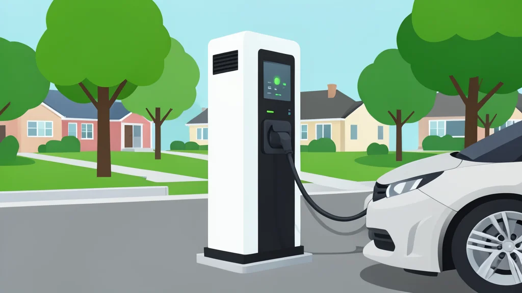 A modern electric vehicle charging station with a cable plugged into a car port, set against a backdrop of a suburban street and green trees.