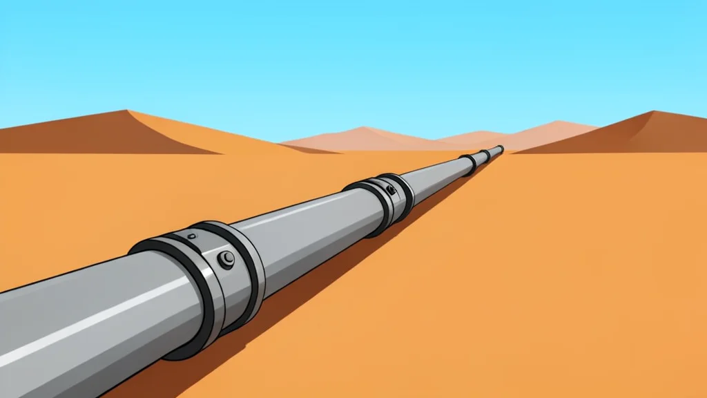 A long steel pipeline running through a desert landscape