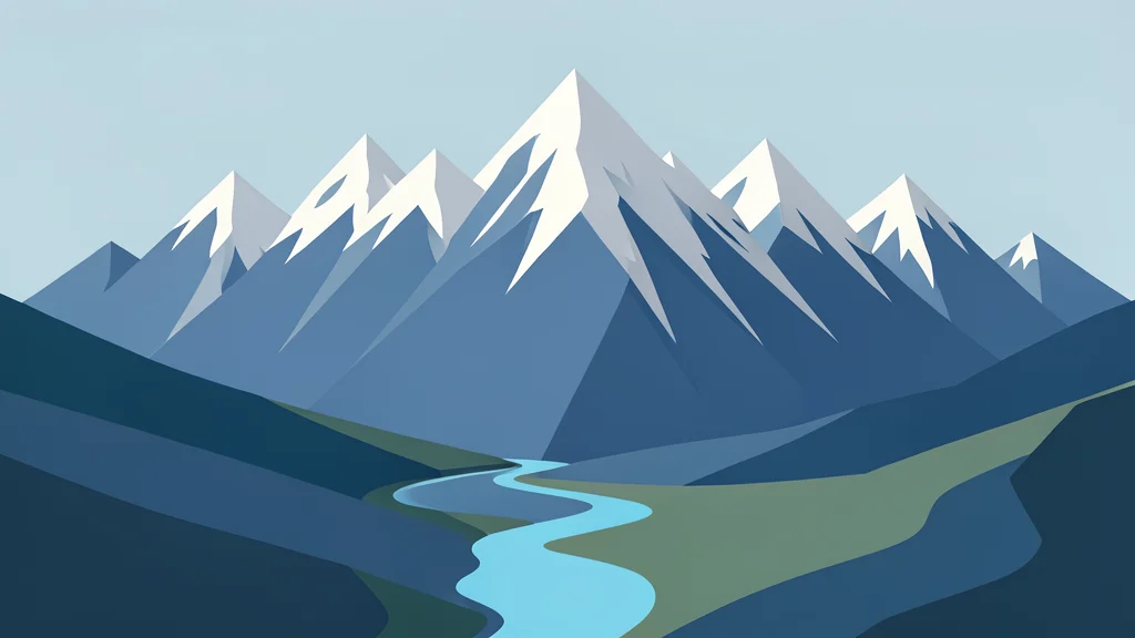A rugged mountain ridge with snow-capped peaks and a winding river valley below.