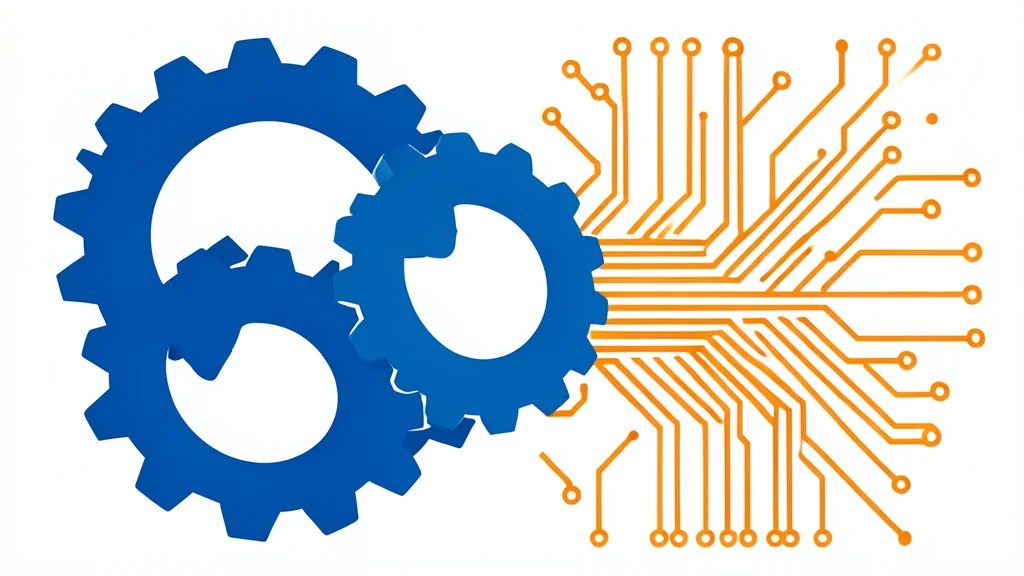 A complex mechanical gear system interlocking with a digital circuit board