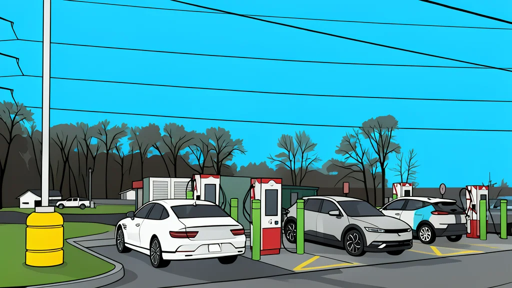A modern electric vehicle charging station with a sleek cable plugged into a car, situated on a quiet roadside next to a grocery store.