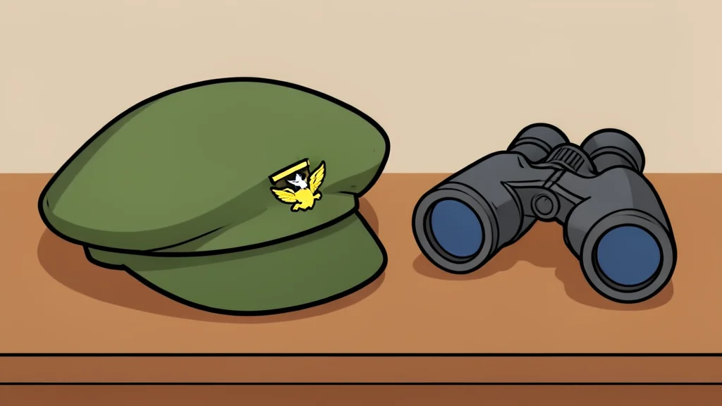 A military uniform cap resting on a wooden desk next to a pair of binoculars