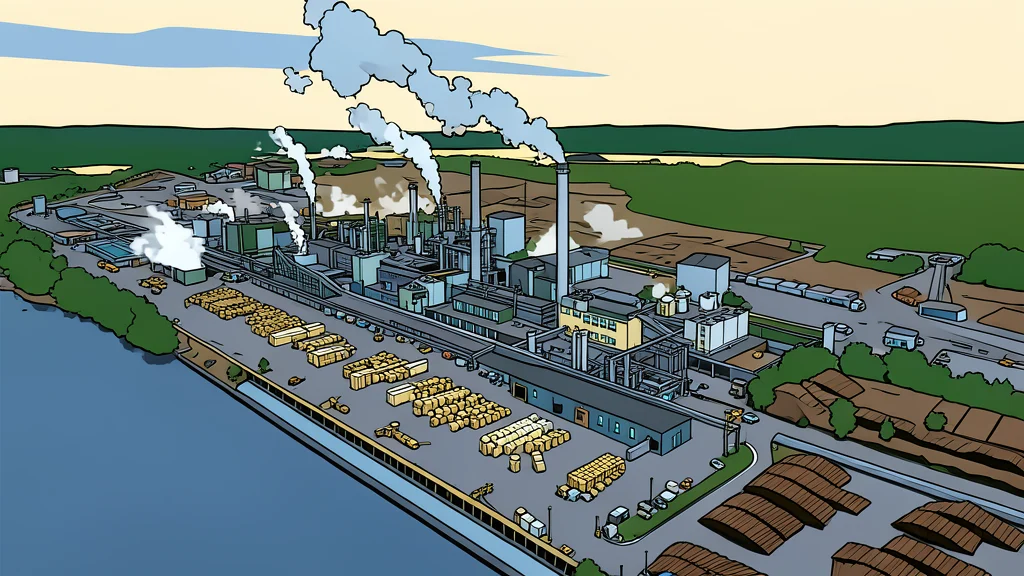 A large industrial paper mill with stacks of white paper rolls and conveyor belts