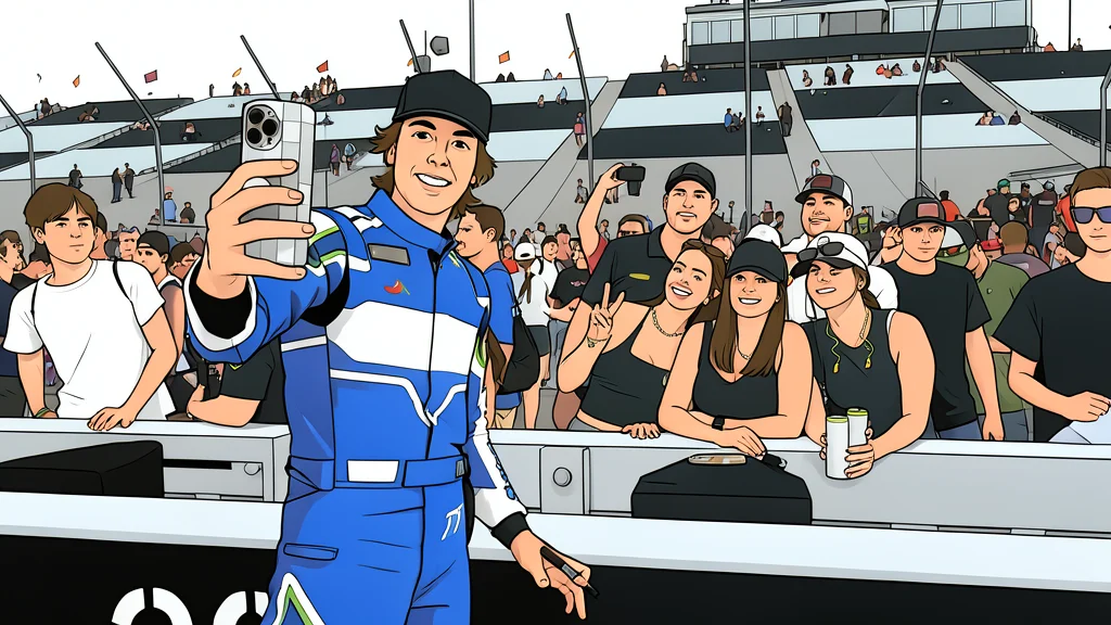 A row of white plastic barriers separating a racetrack from a crowd of people holding up phones and cameras