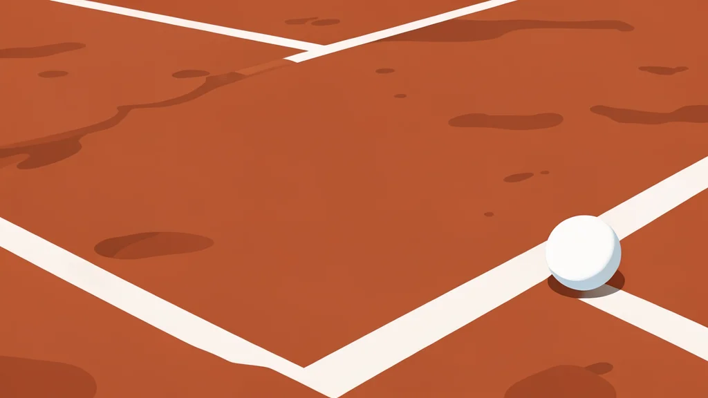 A clay tennis court with a net and a single white ball resting on the surface