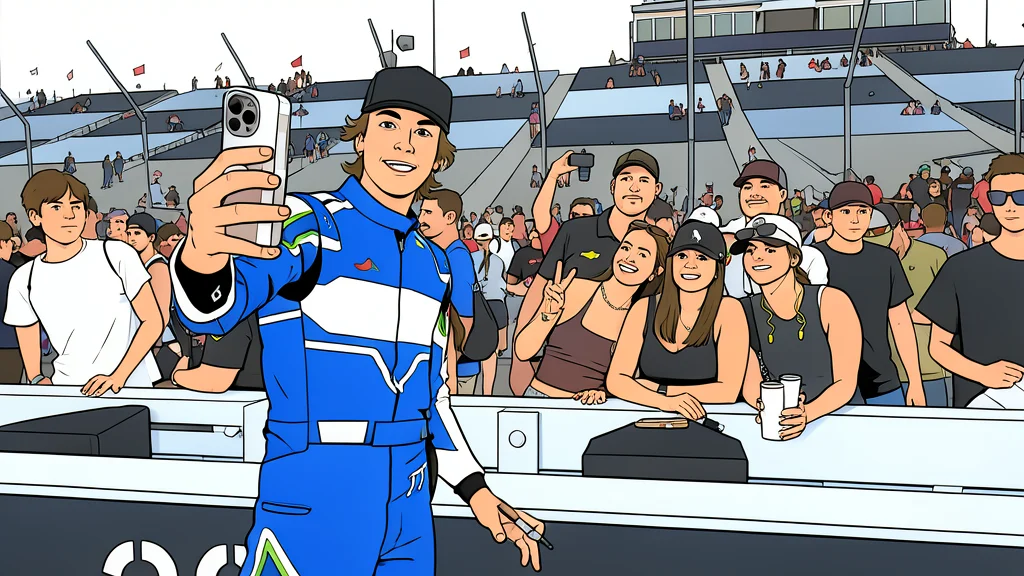 A row of white plastic barriers separating a paved pit lane from a crowd of people holding up phones and notebooks.
