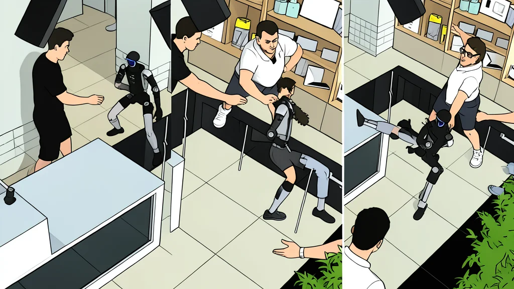 A sleek, silver humanoid robot standing in a wide stance on a polished store floor.