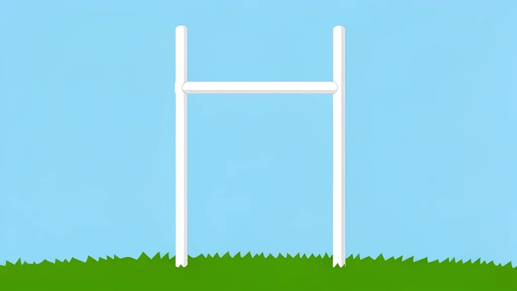 A stylized green football field with white yard lines stretching toward distant goalposts under a clear sky.