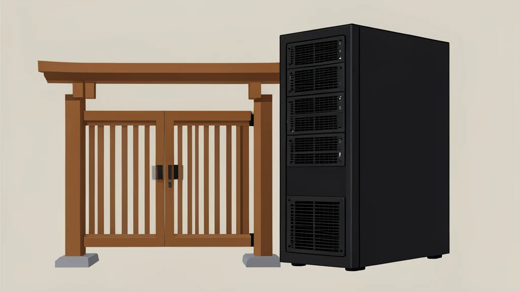 A traditional Japanese wooden gate stands beside a modern black server rack.
