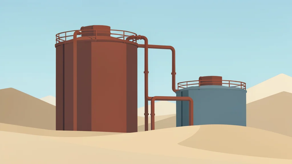A cluster of industrial oil storage tanks and pipelines in a desert landscape