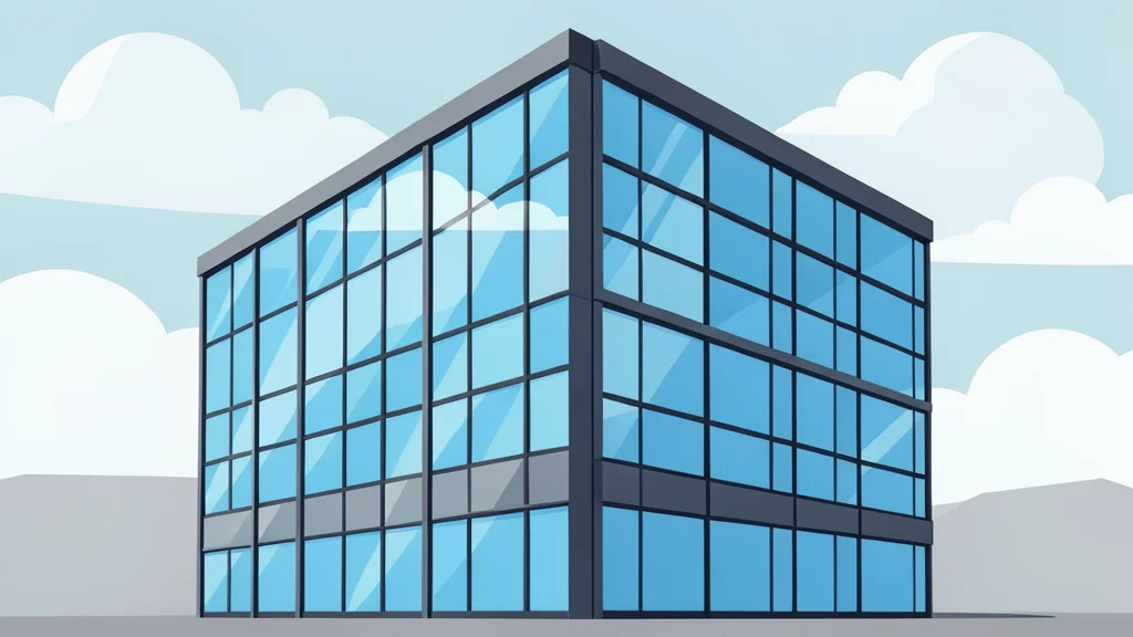 A modern glass office building facade reflecting a cloudy sky