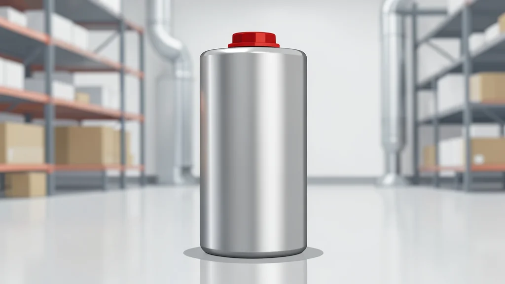 A large industrial battery cell standing upright on a factory floor