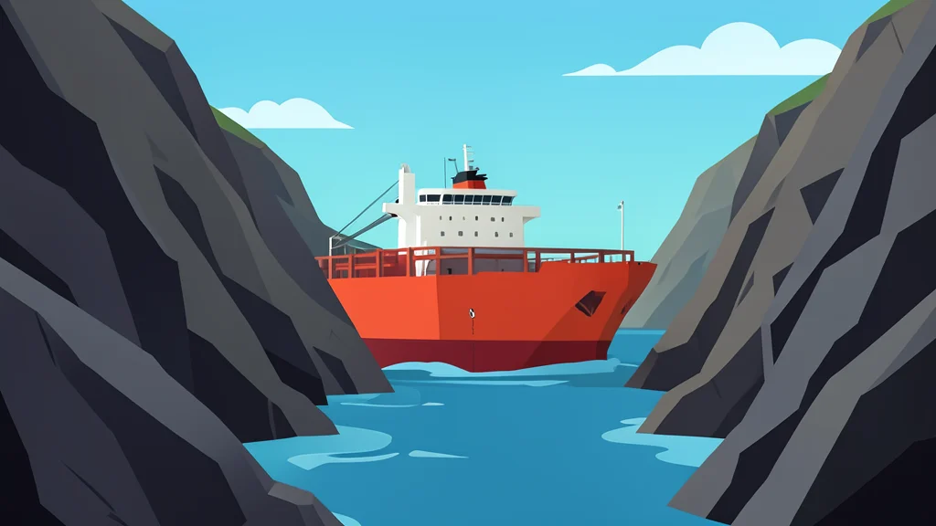 A large oil tanker ship navigating through a narrow, rocky strait