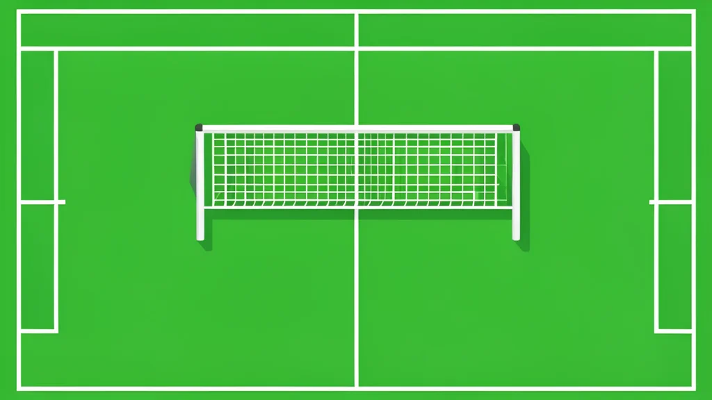 A grassy football field with white yard lines and a volleyball net standing on a court
