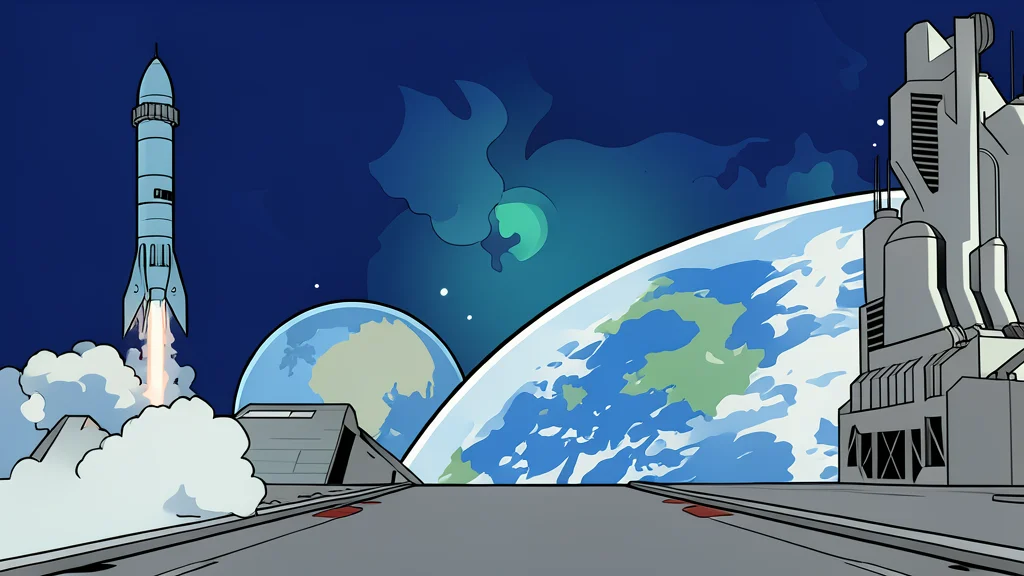 A flat vector illustration of a sleek satellite orbiting above the curved horizon of the Earth.