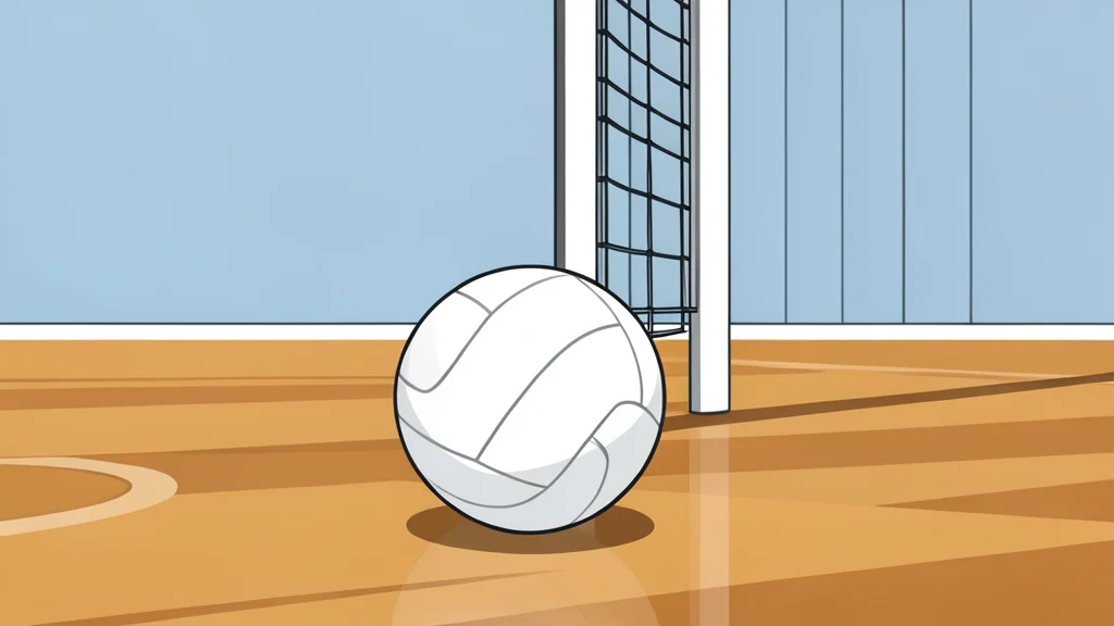 A white volleyball resting on a polished wooden gymnasium floor near a net post