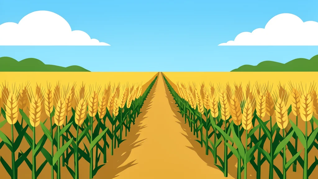 A rural wheat field with rows of crops stretching toward the horizon under a bright sky