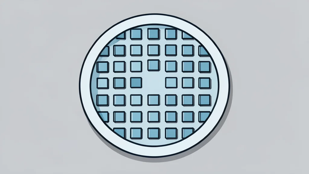A close-up view of a silicon wafer with a grid of square chips, resting on a clean laboratory surface.