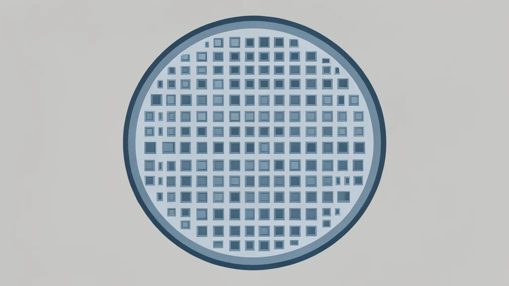 A close-up view of a silicon wafer with a grid of square chips